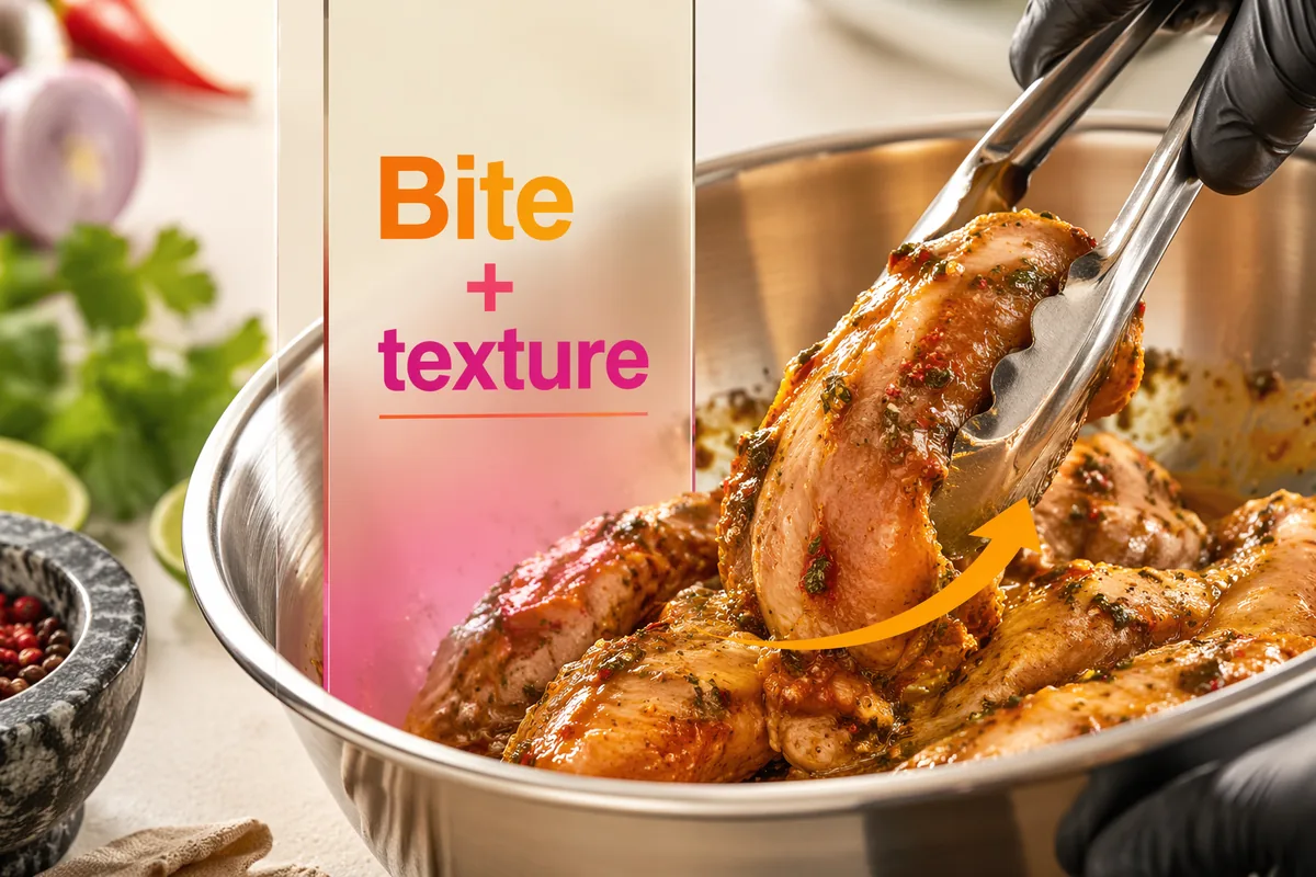 Gloved hand turning meat pieces in marinade in a stainless bowl, the coating step where a tenderizing enzyme is applied