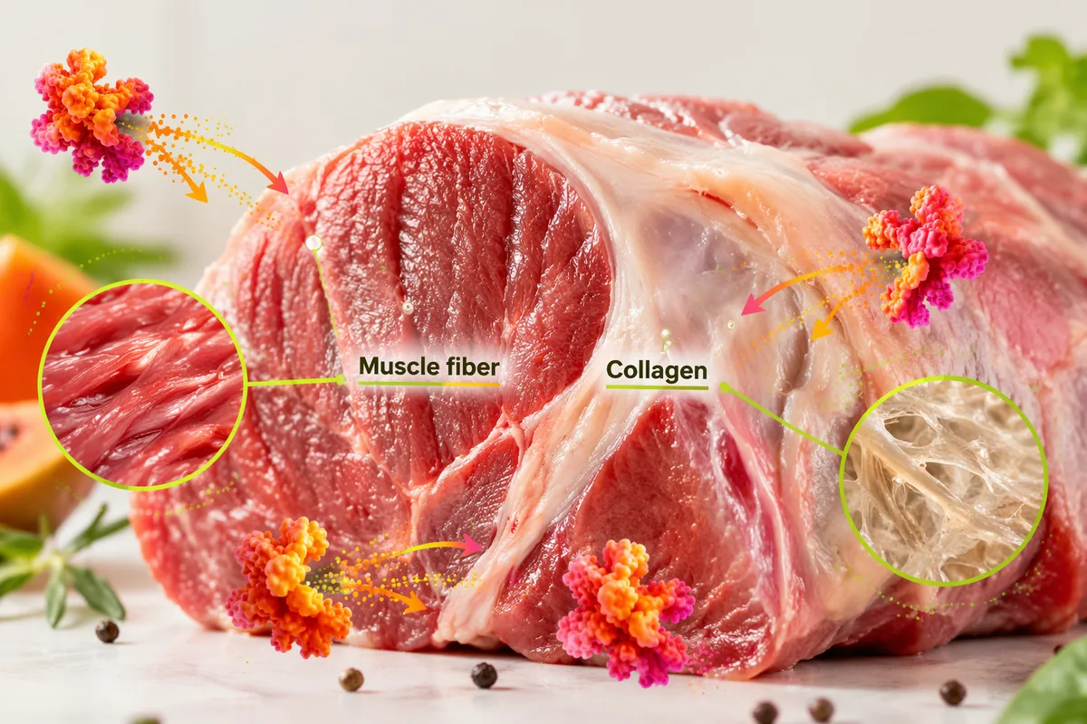 Raw beef with muscle fibre and collagen marked: the proteins papain breaks down when it tenderizes meat