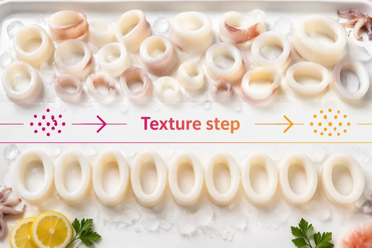 Squid rings before and after an enzyme texture step, the kind of seafood use a named papain grade is sold for
