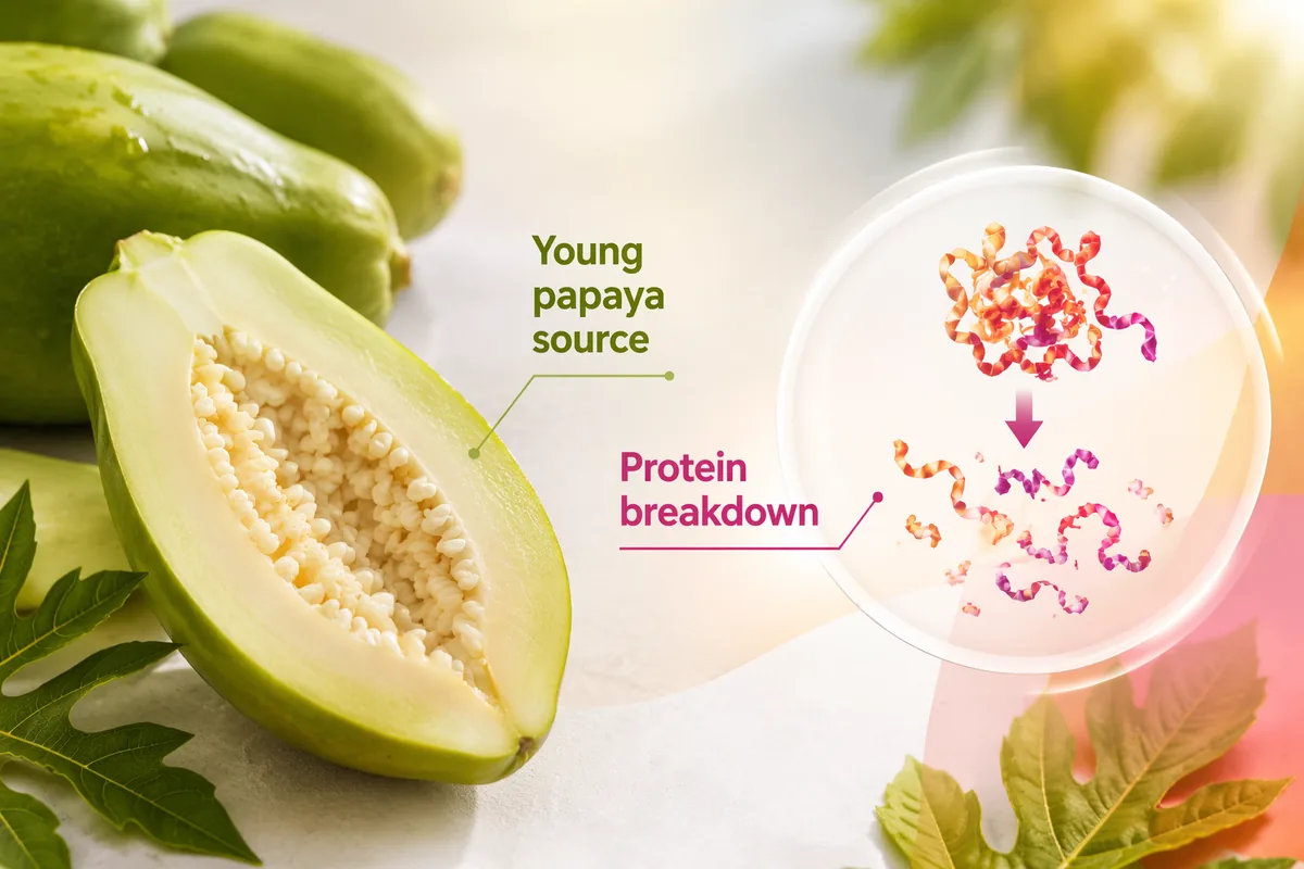 Young green papaya, the latex source of papain, beside a diagram of a protein chain broken into smaller peptides
